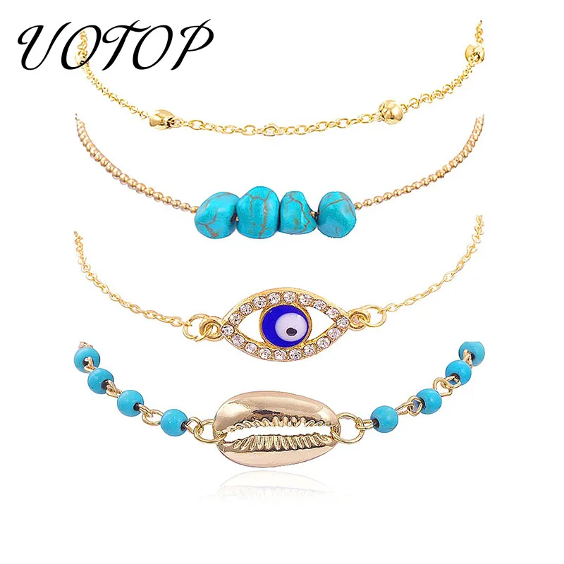 

UOTOP 4pc/set 2019 New Rhinestone Crystal Turkish Evil Eye Bracelet Set Female Bohemian Gold Color Shell Natural Stone Bracelets