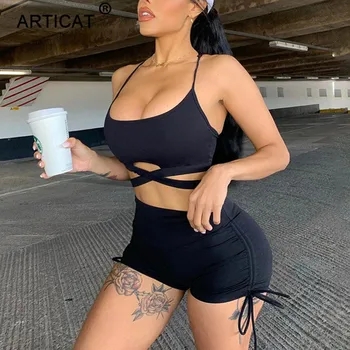 

Articat Sexy Bodycon Hollow Out Two Piece Set Women Solid Spaghetti Strap Crop Top Shorts Drawstring Ruched Women Tracksuit
