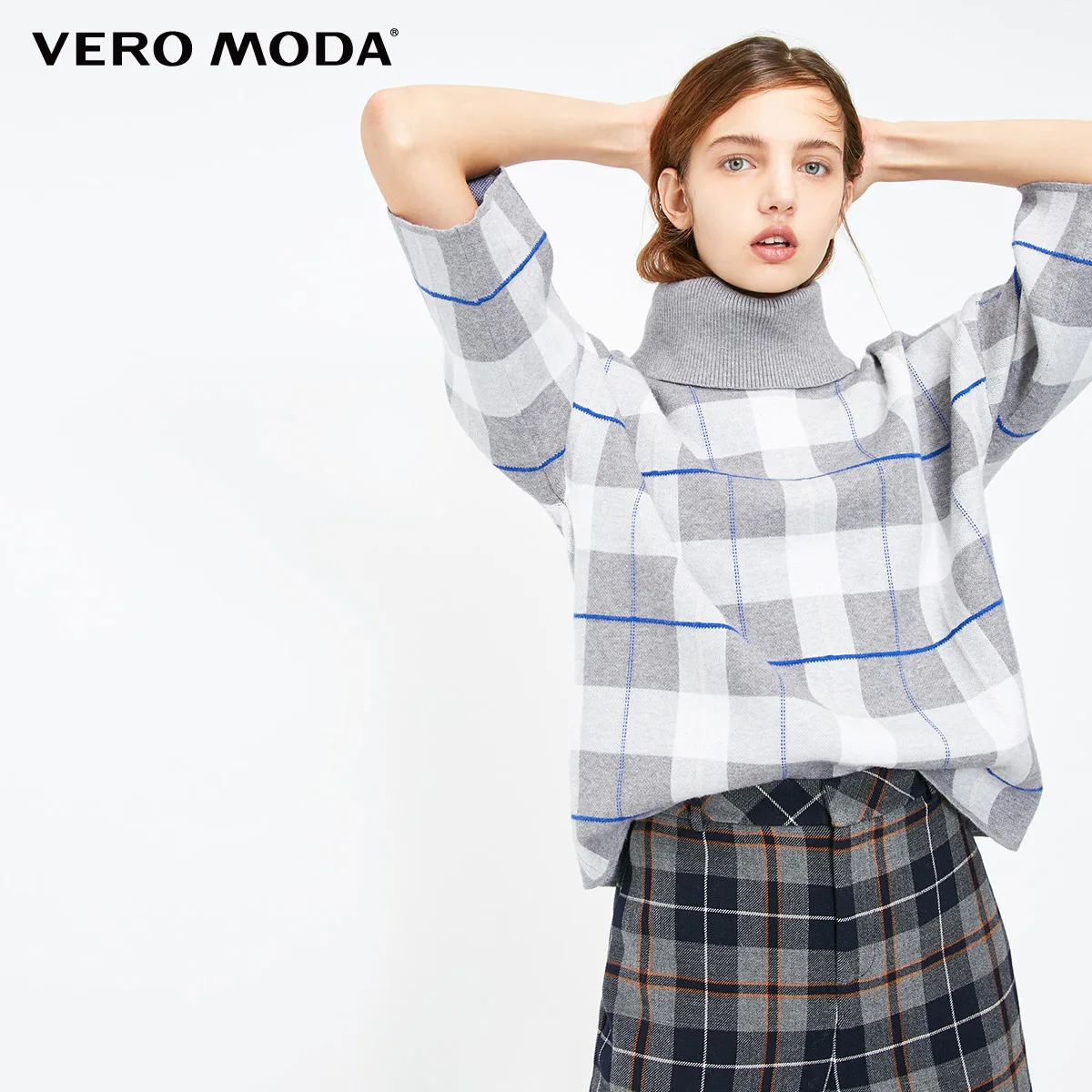 Granit mel. Vero Moda женский клетчатый свитер с высоким воротником и рукавом три четверти | 318313517 - Цвет: Granit mel.