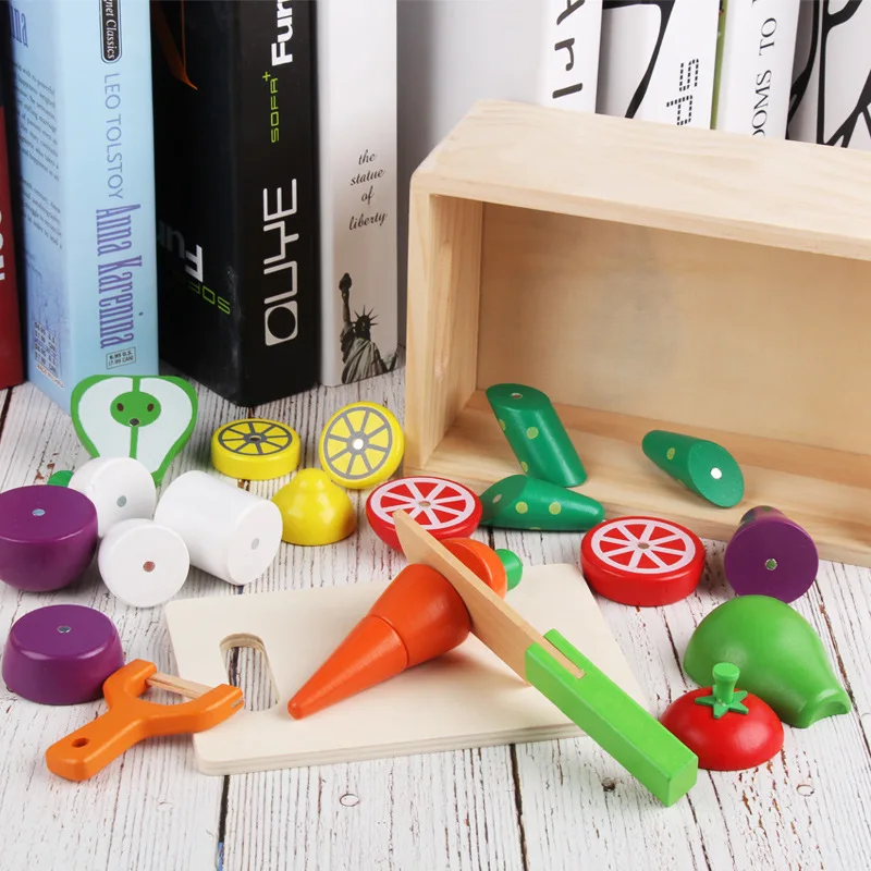 

Wooden Box Magnetic Cutting & Vegetable Cloth Earnestly Fruit Cut Wood Wooden Play House Toy