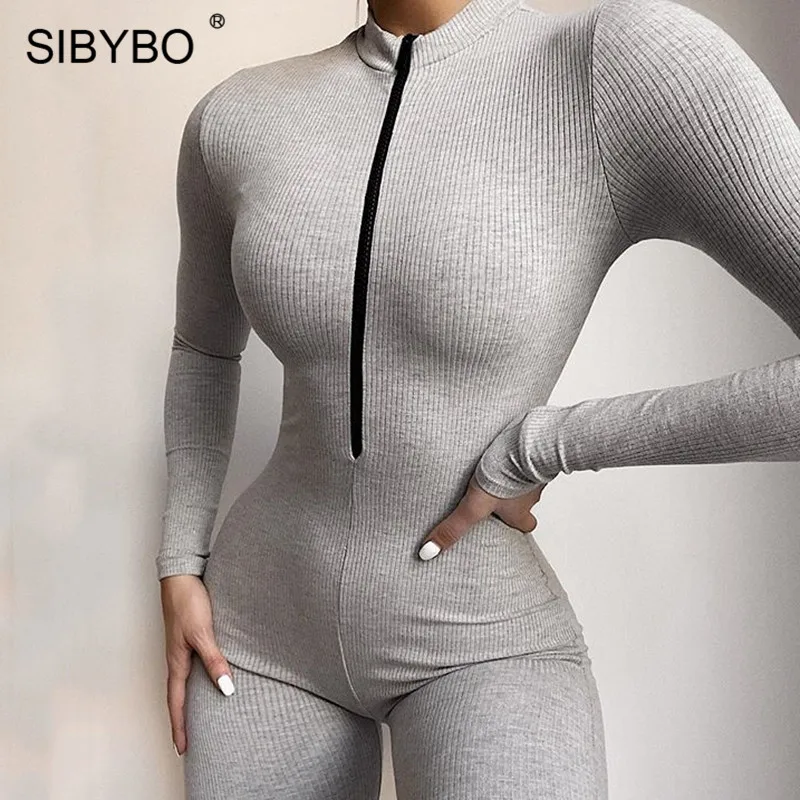 SIBYBO Ribbed Sport Wear Casual Playsuits Womens Jumpsuit Long Sleeve Zipper Summer Women Rompers Sexy Short Women Jumpsuit