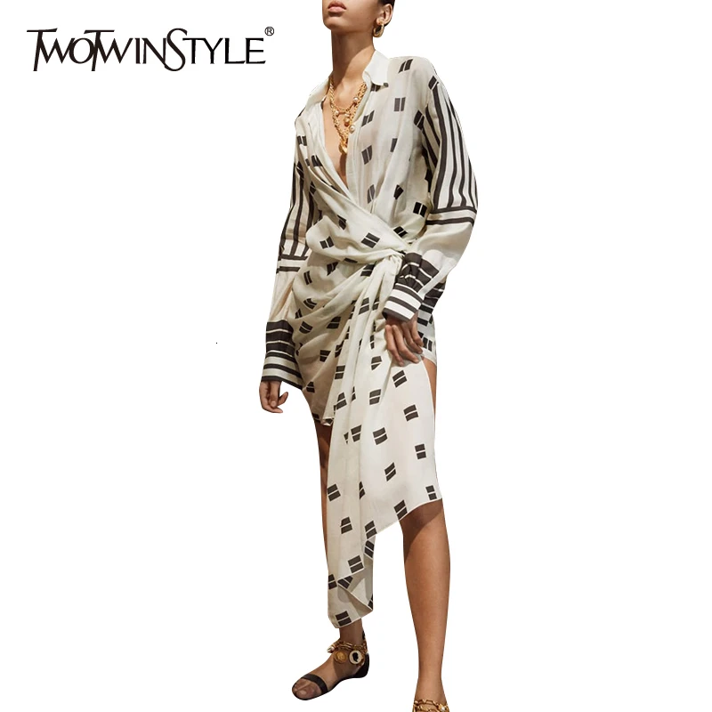 

TWOTWINSTYLE Asymmetrical Print Dresses For Female Lapel Collar Long Sleeve High Waist Tunic Irregular Dress Womens Fashion Tide