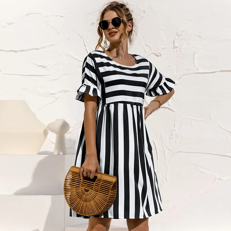 Dress Women Summer Cute Loose Striped Print Ruffles Sleeves Dresses Elegant A Line Patchwork Beach Party Female Dress Vestidos