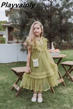 

Girl Dress Falbala Collar Summer Gauze Sleeveless Princess Dress Large Size Children Clothes E27389