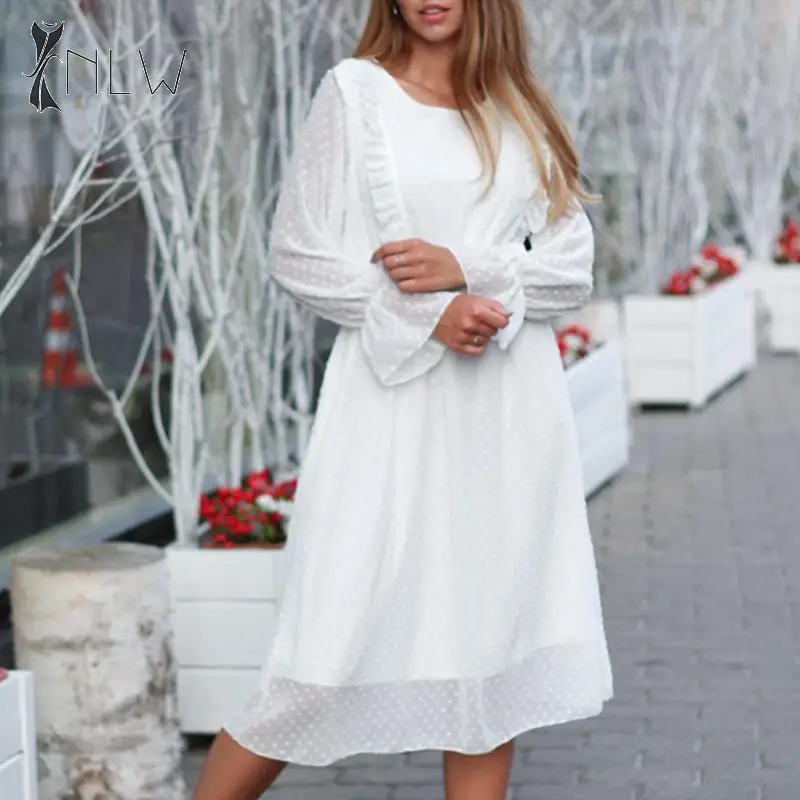 

White Chiffon Long Party Dress Women Winter 2019 Long Sleeve Polka Dot High Waist Dress Plus Size Ladies Ruffle Vestidos