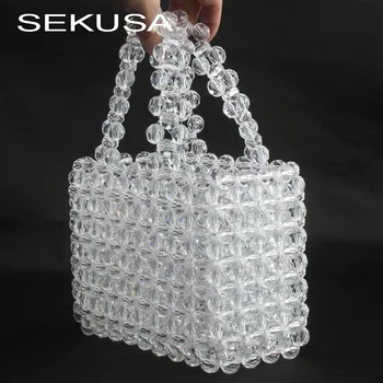 

SEKUSA Handmade style pearl handbags transparent beaded evening bags vintage embroidery day clutch purse