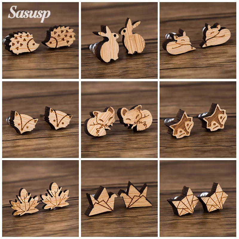 

Sasusp Wood Animal Earrings For Women Mickey Fox Crane Rabbit Hedgehog Stud Earings For Sister Daughter Jewelry Gift 2019