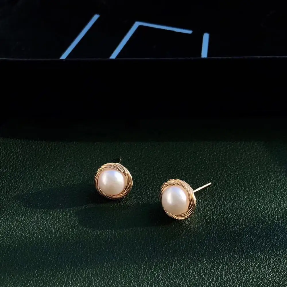 ANI 14K рулонные Золотые женские серьги гвоздики ручной работы с пресноводным белым