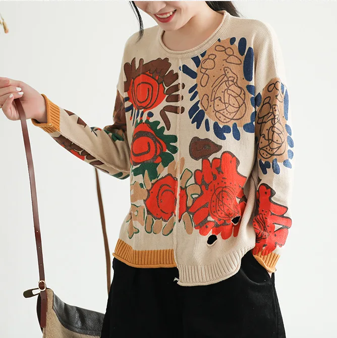 

2019 autumn new loose literary print long sleeve sweater pullover women zm