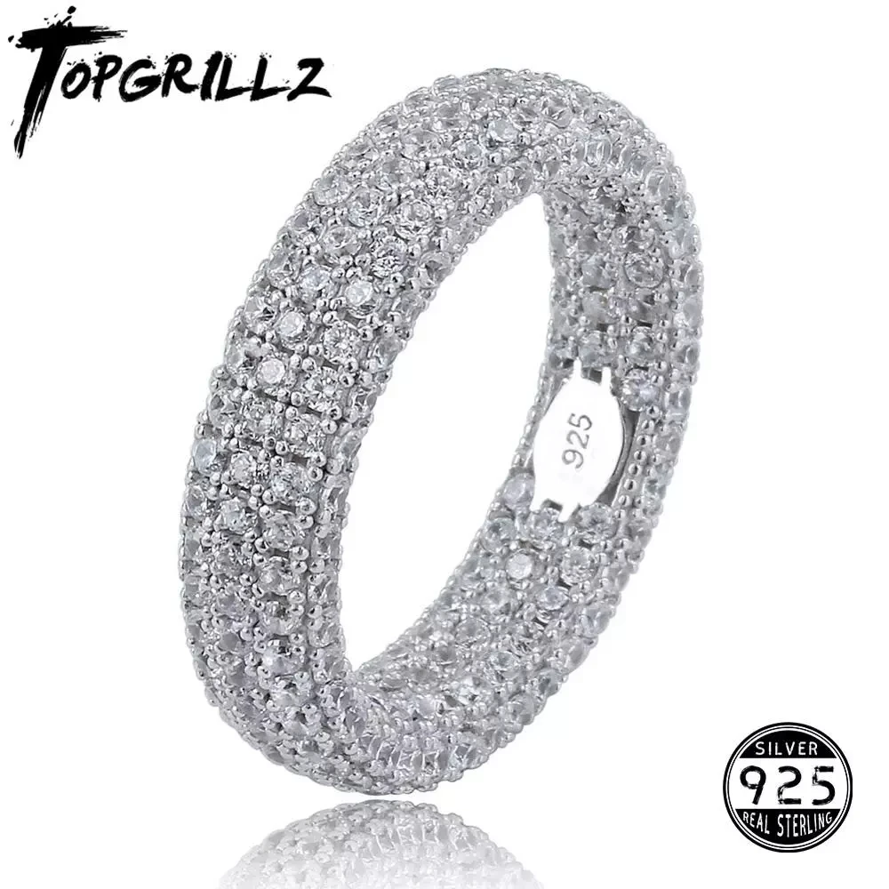TOPGRILLZ 925 Sterling Silver Stamp Full Iced Out Cubic Zirconia Mens Women Engagement Rings Charm Jewelry For Gifts