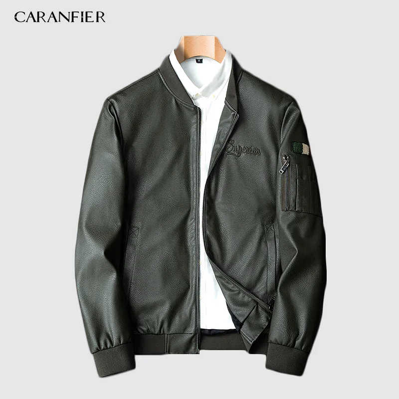CARANFIER мужская кожаная куртка осень зима мотоцикл ретро Карманный тепловой воротник бархатные верхние пальто кожаные байкерские куртки
