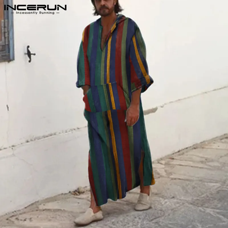 

Mens Striped Pockets Jubba Thobe INCERUN Muslim Fashion Robe Long Sleeve V Neck Pullover Long Robes Kaftan Islamic Clothing 5XL7
