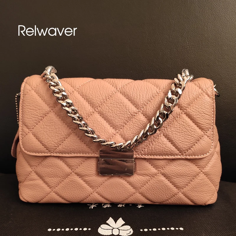 

Genuine leather crossbody bags for women lovely coral pink shoulder bag diamond lattice press lock chain women messenger bags