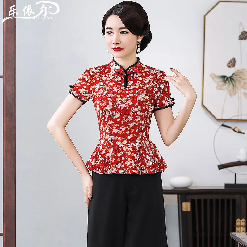 

Summer New Style Fashionable Chiffon Cheongsam Tops Short Sleeve Floral-Print Chinese Costume Set Two-Piece Set Middle-aged Wome