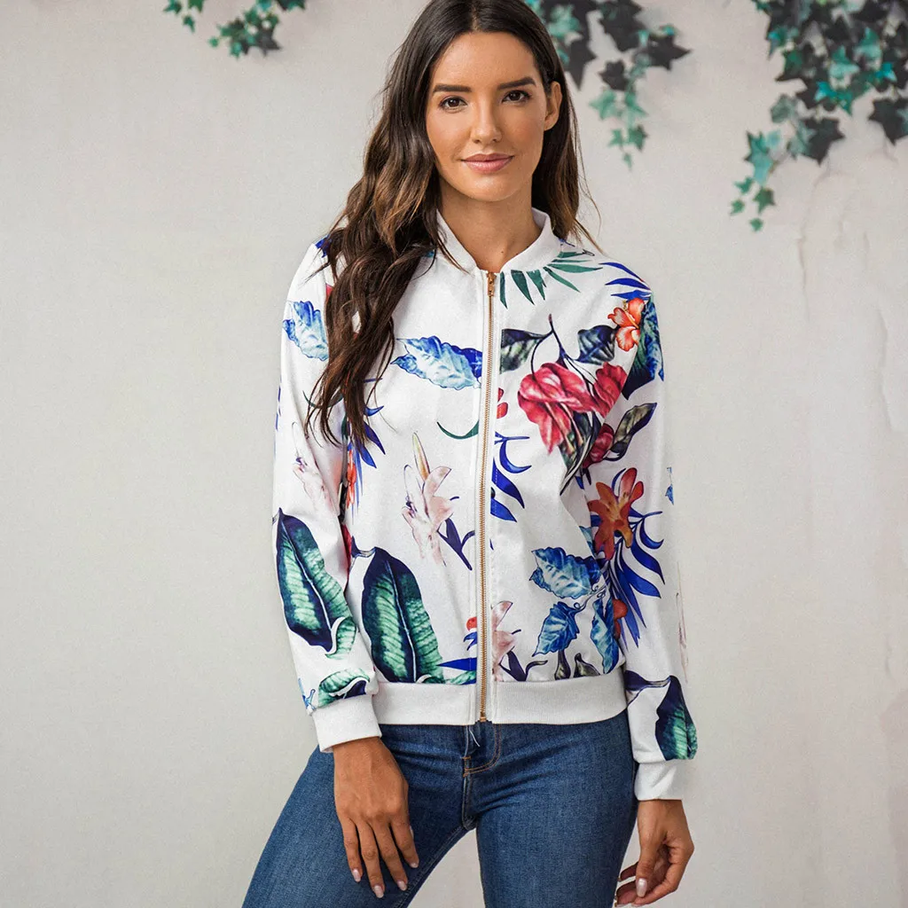 

Women Jacket Printed Bomber Pockets Zipper Long Sleeve Plus Size Coat Female Flower Chiffon White Jacket Woman Spring Femme
