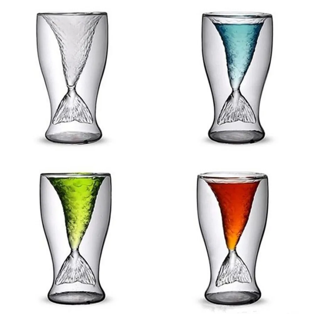 

10pcs Creative Mermaid liquor cup double bar wine beer cocktail glass lead-free fish tail cup for bar Disco Party Decorations