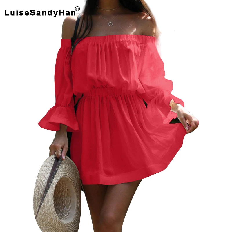 

Women Sexy Off-the-shoulder Word Collar Dress High Waist Elastic Band Ruffle Stitching Irregular Dresses Female 2020 Summer Cool