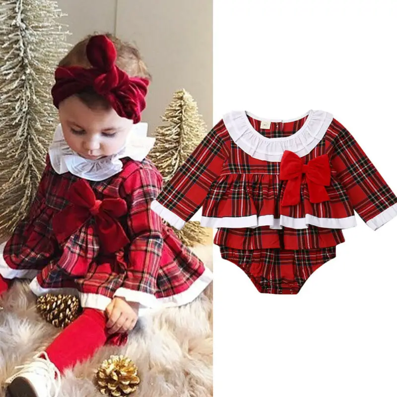 

Pudcoco Brand New Toddler Kid Baby Girl Christmas Plaids Romper Dress Bodysuit Xmas Clothes Outfit