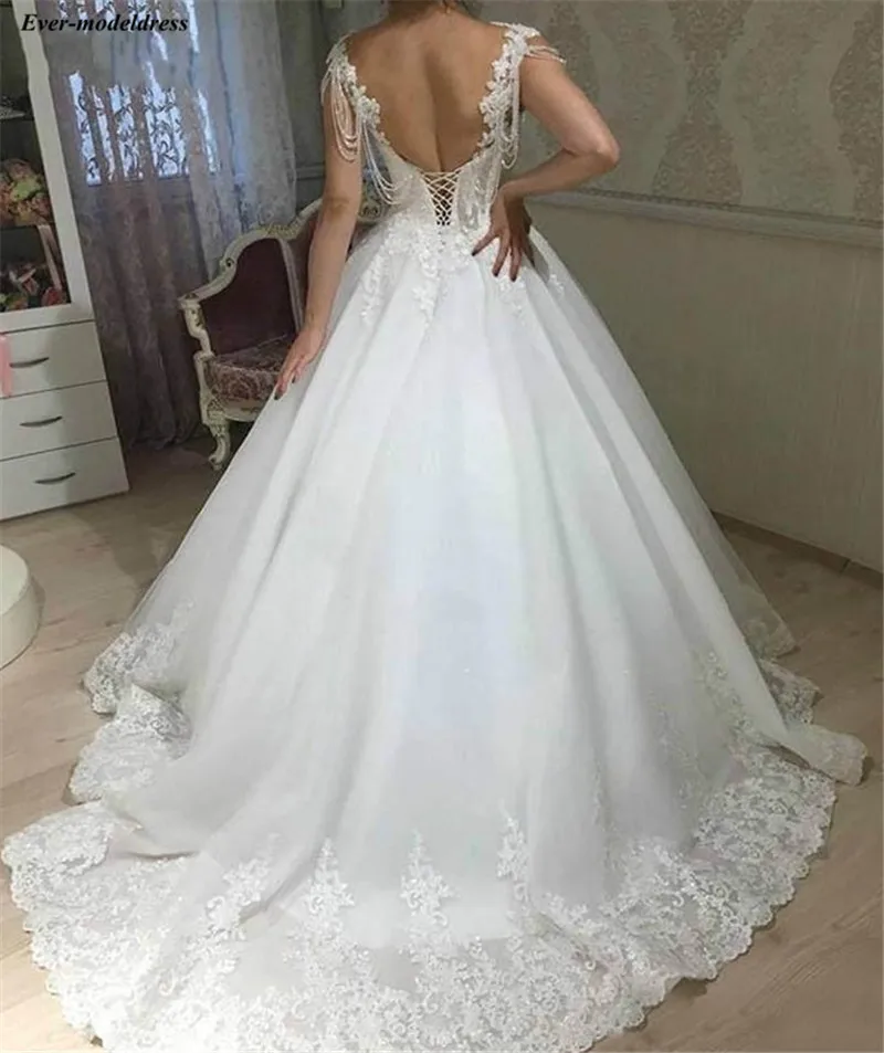 Vestido De Noiva свадебное платье принцессы бальное платье с кружевной аппликацией корсет, вышитый бусинами задней развертки поезд свадебные платья; обувь под свадебное платье для невесты