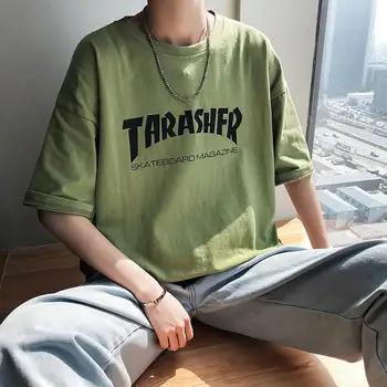 

Summer Loose Men's T-shirt Korean Hip Hop Short-sleeved Teen Students Five-point Sleeve Boys Trend Green Harajuku Shirt