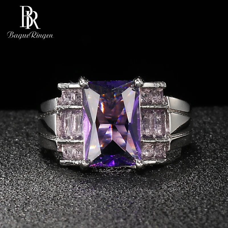 Bague Ringen, геометрическое серебро 925, Ювелирное кольцо с камнями для женщин, прямоугольник, аметист, высокое качество, нежный женский подарок