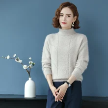 

Mink Cashmere Sweater Women's 2021 Autumn and Winter Thickening Warmth Pullover High Lapel Knitted Hollow Bottoming Fashion Tops