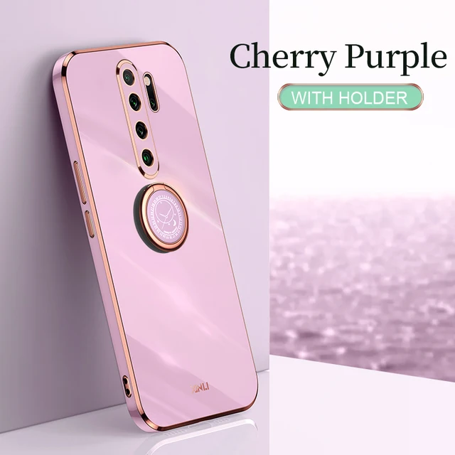 Plating Square Finger Ring Holder Phone Case On For Xiaomi Redmi Note 8 Pro 2021 New Note8 8pro Luxury Soft Silicone Stand Cover ZH ZB Cherry Purple