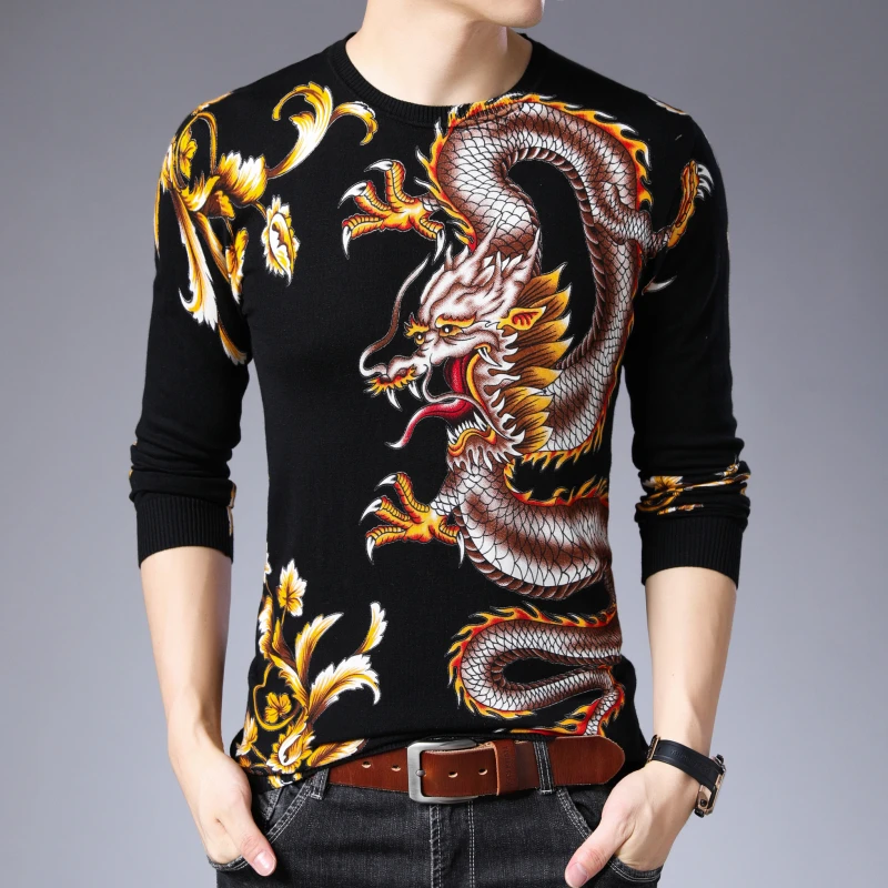 Autumn Sweater Men Jersey Clothing Black Gold Dragon Print Sweater Pullover For Men Casual Club Party Dj Clothing