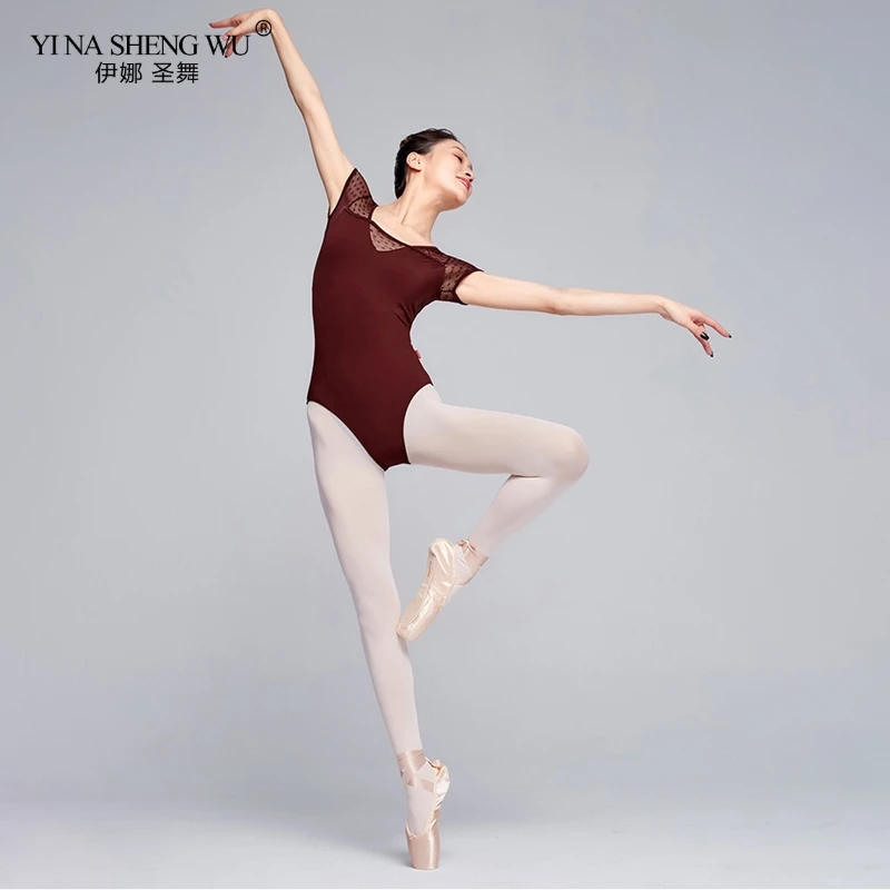 

New Ballet Leotards For Women Adult Dance Practice Camisole Gymnastics Leotard Outfit Lace Splice Short Sleeve Ballet Clothing