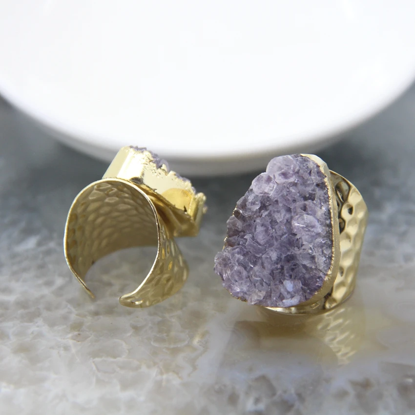 Gift Quartz Druzy Natural Jewelry Women Finger Ring Adjustable Crystal Stone 