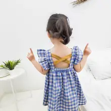 Япония Стиль летнее платье для маленьких девочек со скрещиванием сзади топы, блуза в клетку платье принцессы милое детское платье 6 шт./партия