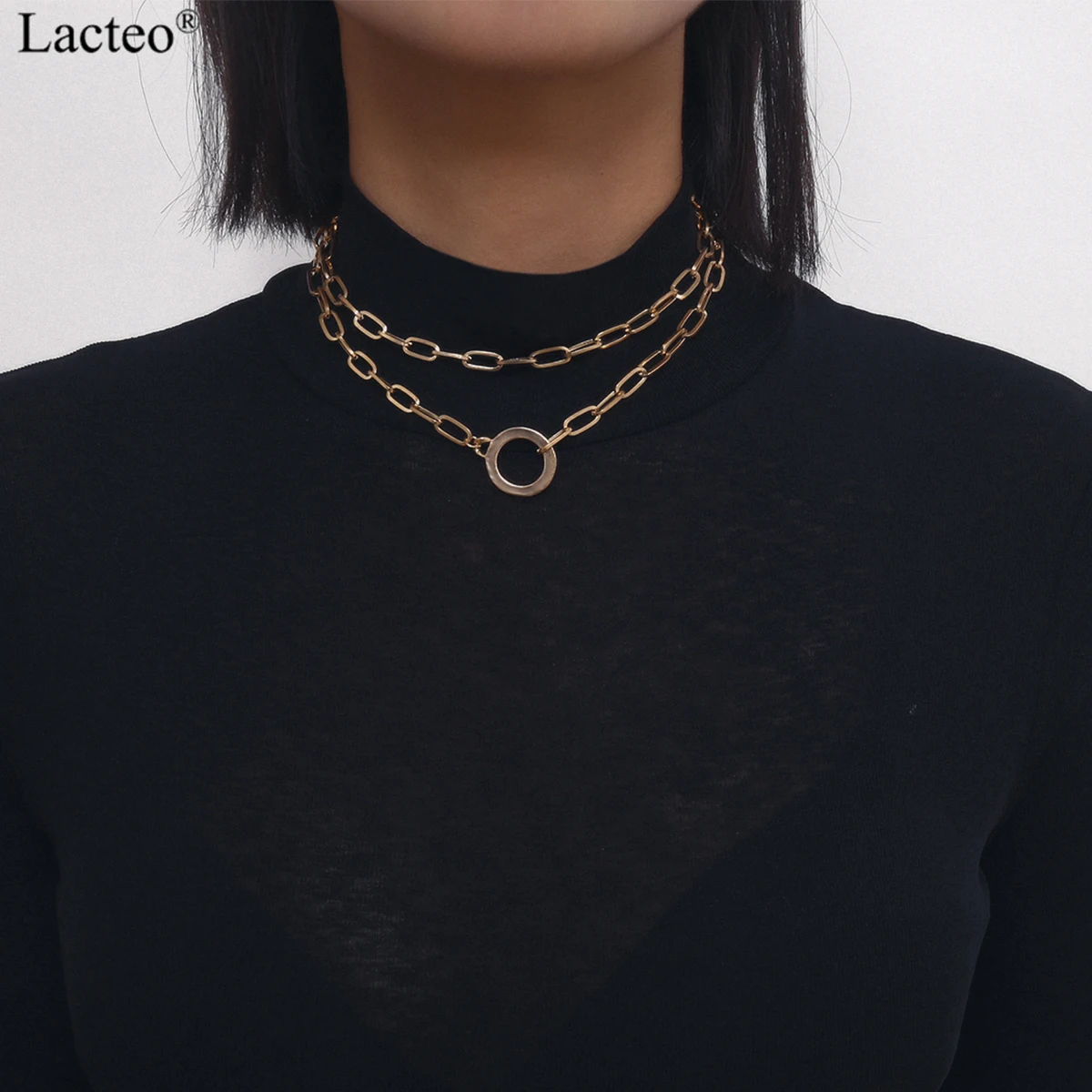 

Lacteo Punk Hip Hop Golden Round Circle Choker Necklace for Women Exaggerated Multi Layer Clavicle Chain Charm Necklace Jewelry