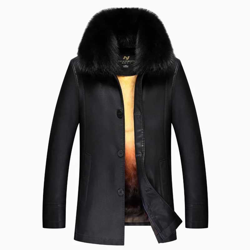 Luxury Men's Clothing Winter Warm Leather Jackets & Coats Fur Inside Big Rabbit Fur Collar jaqueta de couro Biker, Big M-XXXXL