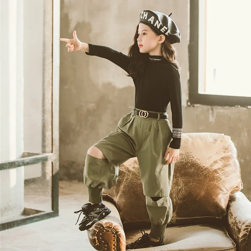 

Girls Bib Overall Set Big Boy Spring And Autumn Korean-style 2020 New Style Western Style with Holes Two-Piece Set