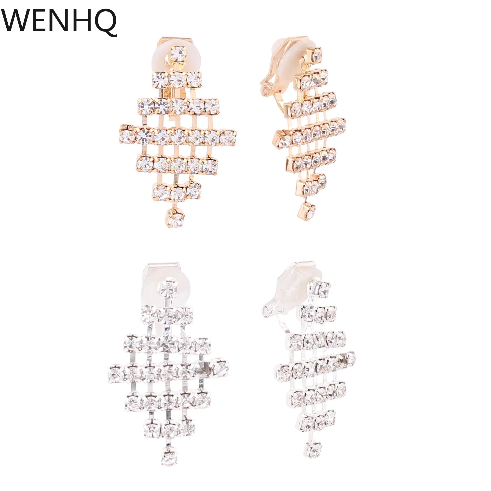 

WENHQ New Geometric Square Clip on Earrings No Pierced for Women Bridal Wedding Gold Color Silver Plated Rhinestone Ear Clip