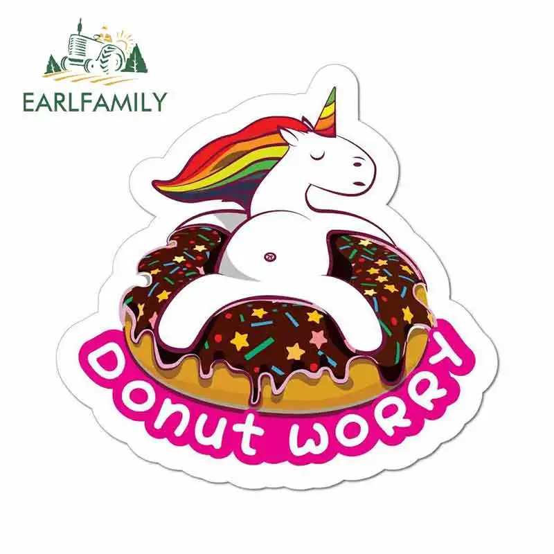 EARLFAMILY 13cm x 13cm for Donut Worry Unicorn Funny Car Stickers Cartoon Oem Anime Bumper Trunk Truck Graphics JDM Accessories