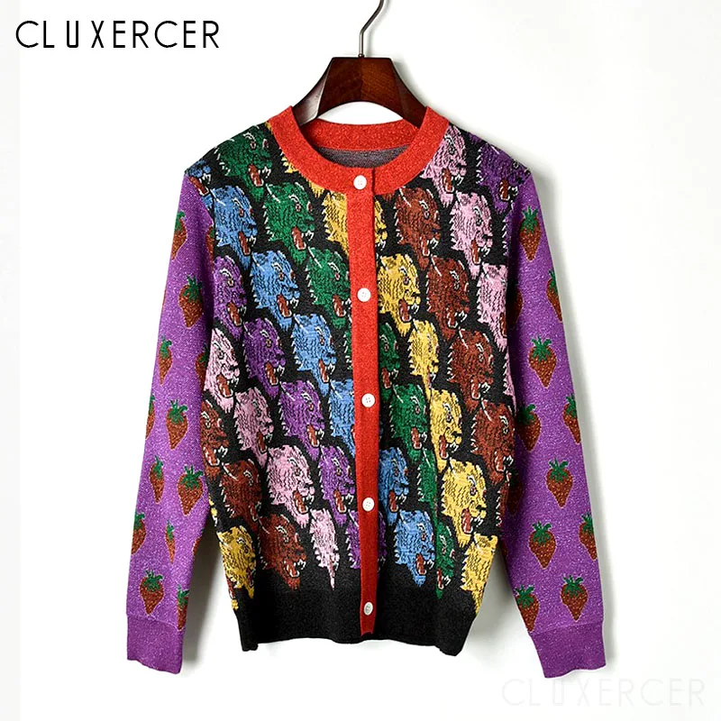 ^Cheap Women Knitted Cardigans Autumn Winter Vintage Tiger Pattern Female Casual Long Sleelve Winter Knitt Jacket Coat