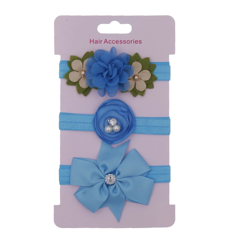 blue Детская повязка на голову, эластичная лента для волос, аксессуар, шифоновая повязка на голову с цветами, комплект, детский головной убор, Детские аксессуары для волос, 3 шт./лот - Цвет: blue
