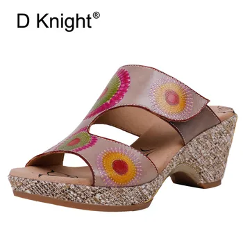 

Bohemia Genuine Leather Sandals High Heel Handmade Adjustable Hook Loop Platform Slippers Sandal Woman Elegant Shoes Lady Slides