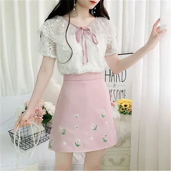

High Quality New Women Neckline Bow Lace-up Short Sleeve Blouse&Flower Embroidery A-line Skirt 2 Piece Set Office Female Suit