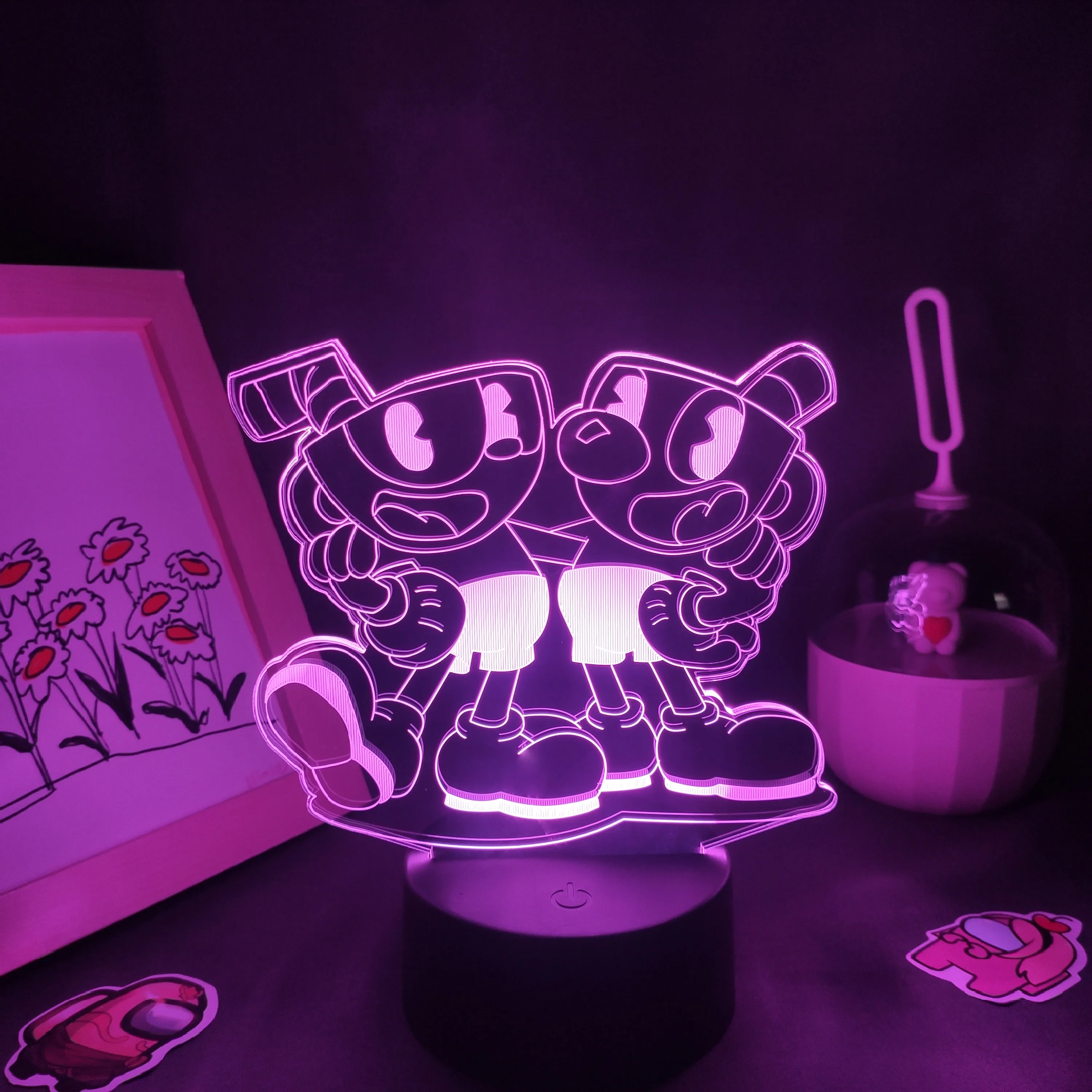 Cuphead Mugman ���� 3D Led ��� ���� RGB �׿� ���͸� �߰� ���� ģ�������� ���� ���� ���� �� ���̺� å�� ��ä�ο� ���