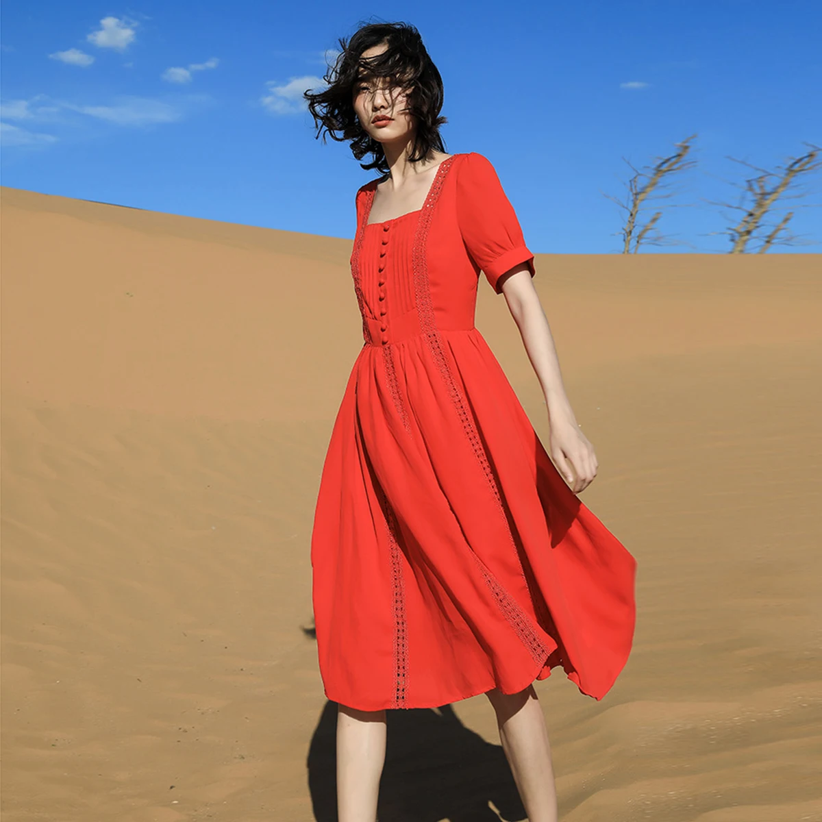 

Jastie 2022 Summer Boho Holiday Women Dresses Pure Color Square Collar Short Sleeve Ruffle Hem Slim Elegant Dress