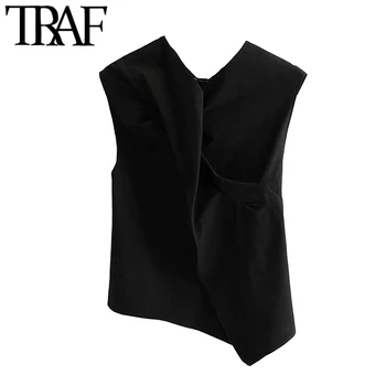 

TRAF Women Fashion Draped Irregular Black Blouses Vintage V Neck Sleeveless Female Shirts Blusas Chic Tops