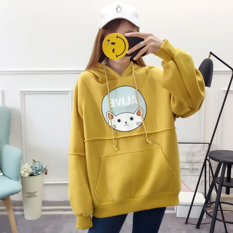 

Japanese Kawaii Cat Graphic Cartoon Print Plus Velvet Hoodie Schoolgirl Spring 2019 Kpop Loose Patchwork Sweatshirt Women Tops