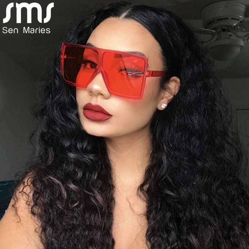 Clear Hipster Oversized Square Tinted Sunglasses with Red Sunwear Lenses