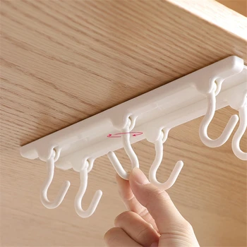 

Cabinet Cupboard Under Rotating Rail 6 Hooks Adhesive Kitchen Organizer Hanger Multipurpose Bathroom Clothing Hook