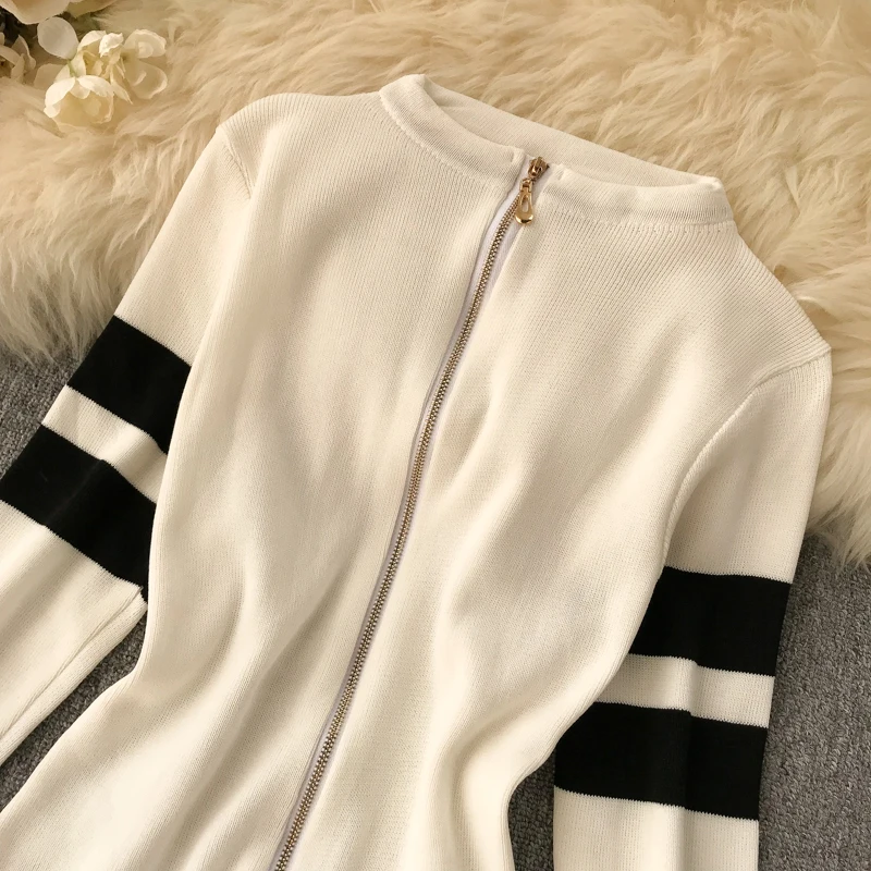 Новое модное женское трикотажное платье со стоячим воротником с длинными рукавами, подходящее по цвету тонкое платье-свитер на молнии