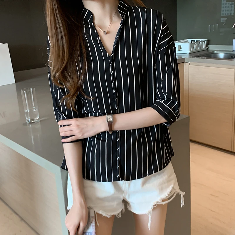 2020 New Summer Blouse Shirt Female Cotton Striped Print Short Sleeve Office Work Shirts Women Casual Tops Ladies Modis Clothing