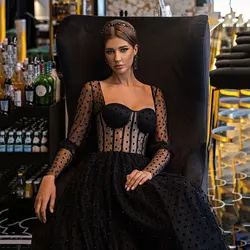 Elegant Black Beading Tulle Evening Dresses A-line Sweetheart Lace Up Back Prom Gown Floor Length Custom Size Vestidos De Fiesta