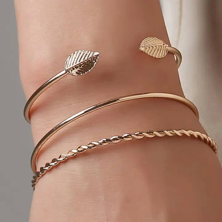 Bangle Bracelet Gold SV Plated Cuff Women Leaves Open Threepiece Suit